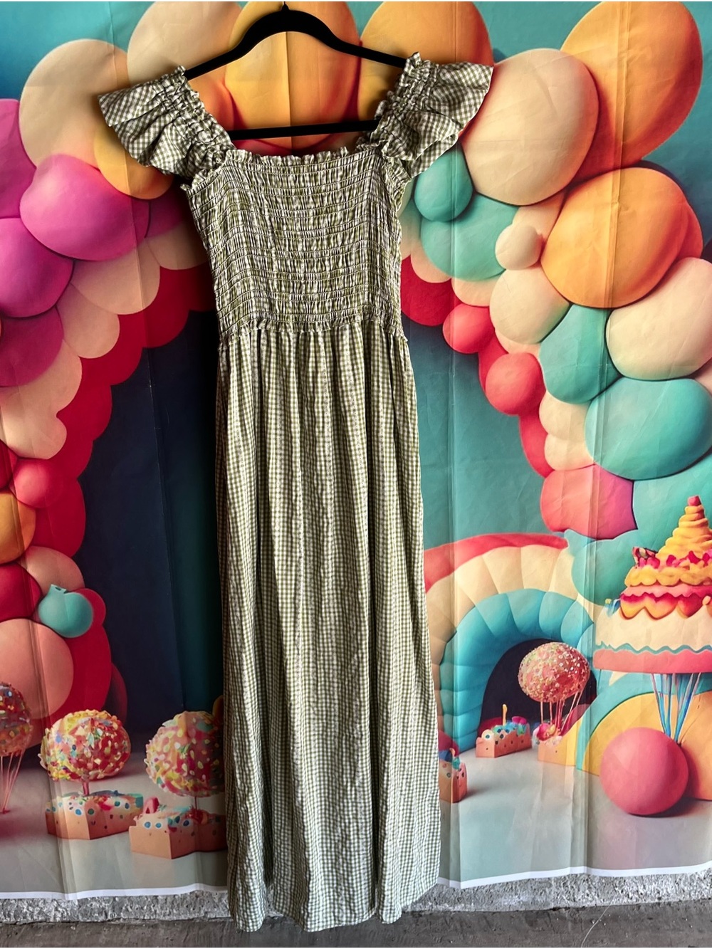 Green Gingham Smocked Maxi Dress